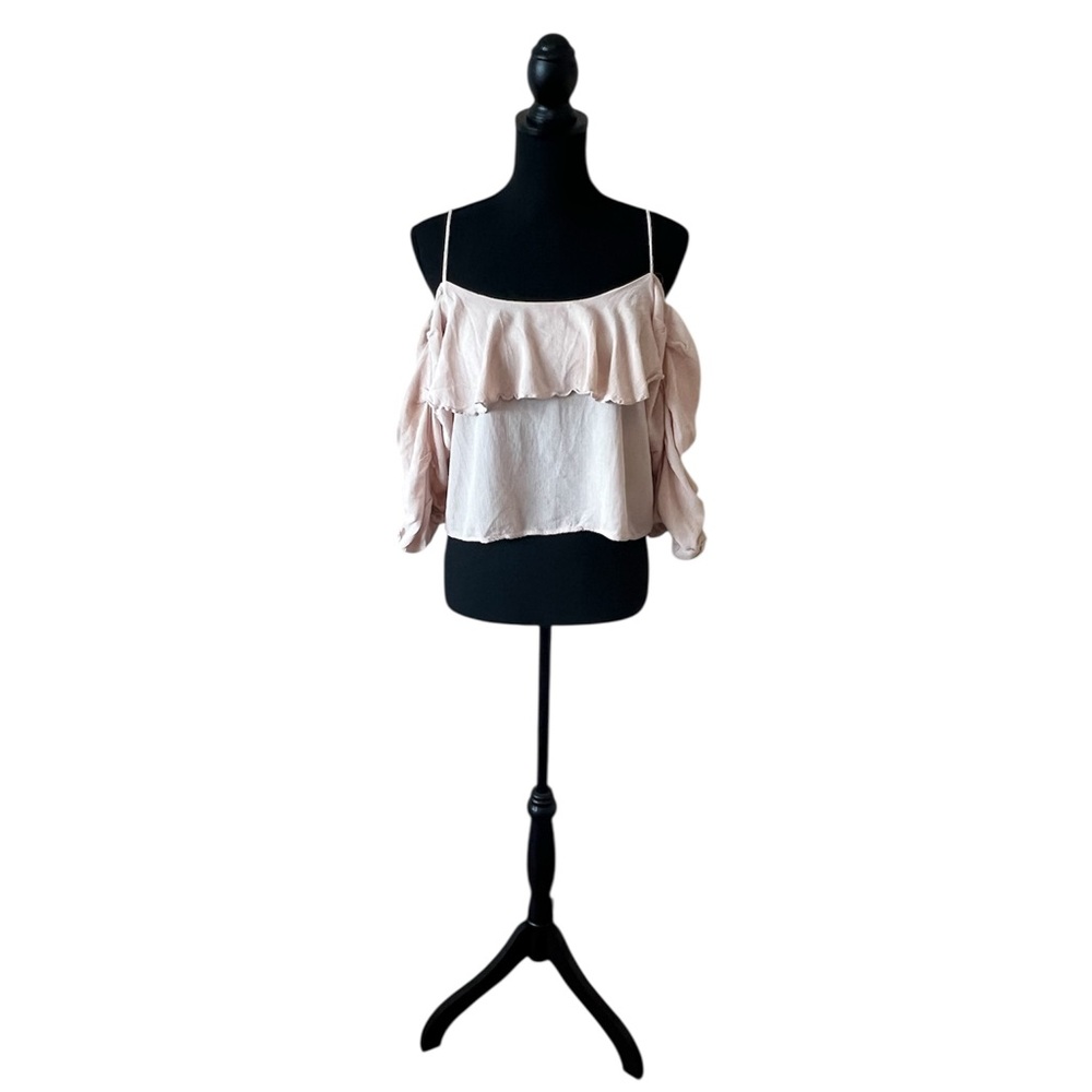Zara Women's Boho Spaghetti Strap Cold Shoulder Peasant Blouse-Blush-Size Small